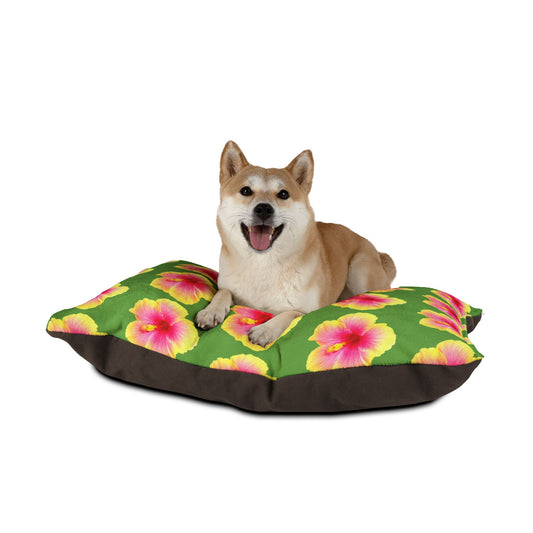 Pet Bed - Cozy and Fun Dog or Cat Bed for Beach Lovers / Real Yellow & Pink Hibiscus/Lt. Green