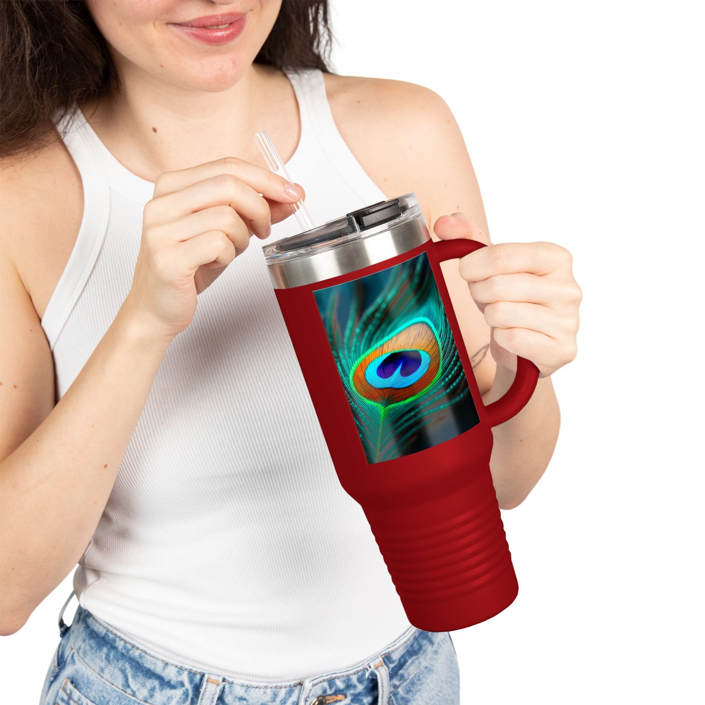 Insulated Travel Mug, 40oz / Peacock Eye Feather, Turquoise- Perfect for Outdoor Adventures