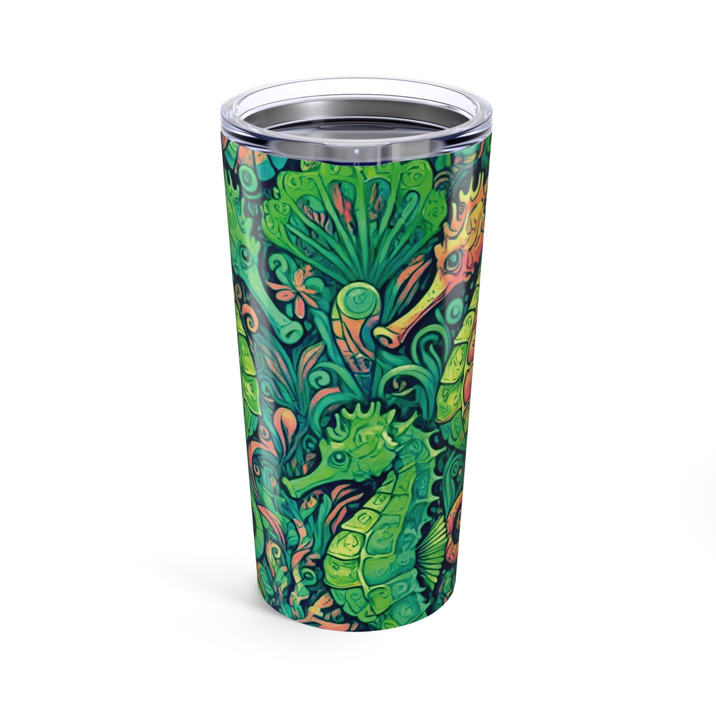 20oz Tropical Glossy Tumbler, Stainless Steel / Seahorse Trio, Lime Green