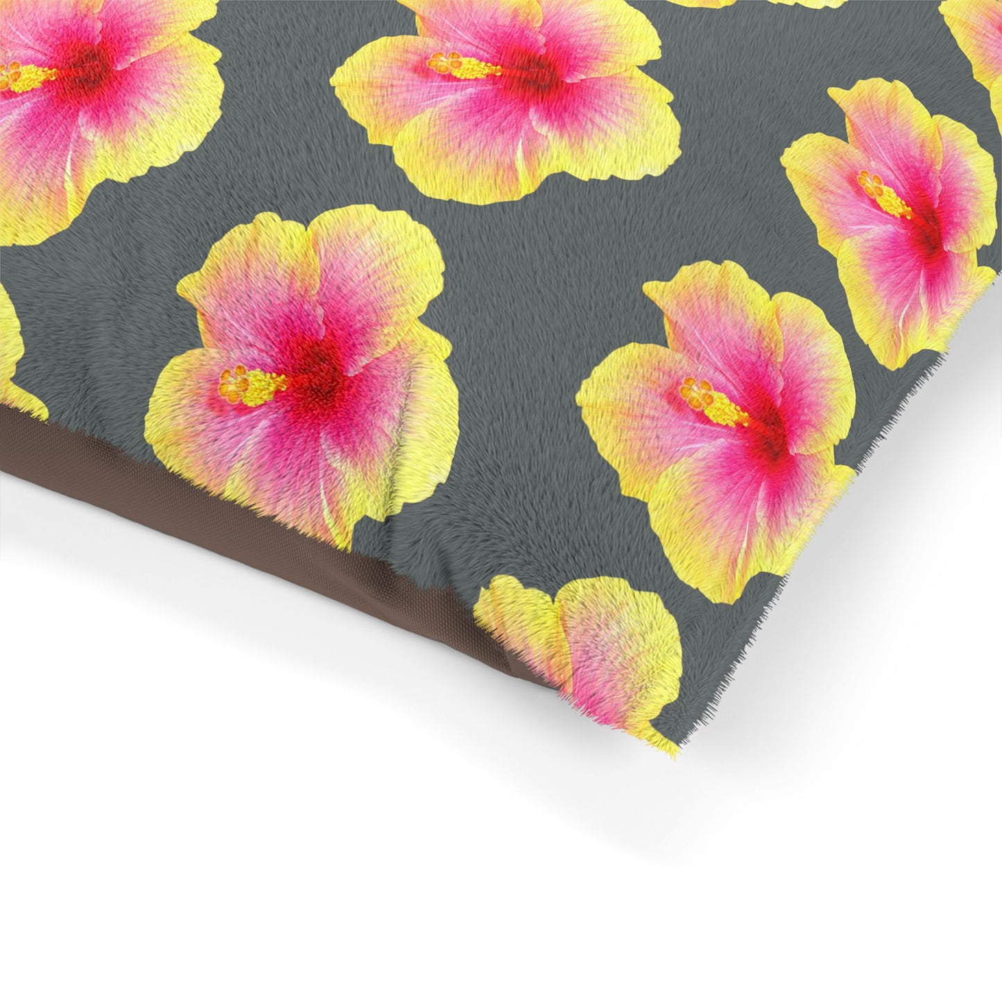 Pet Bed - Cozy and Fun Dog or Cat Bed for Beach Lovers / Real Yellow & Pink Hibiscus/Dark Grey