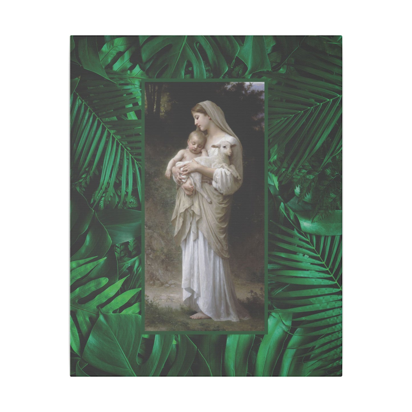 "Tropical Rainforest Innocence" Religious Canvas Artwork - Stretched Canvas Print / Virgin Mary & Jesus