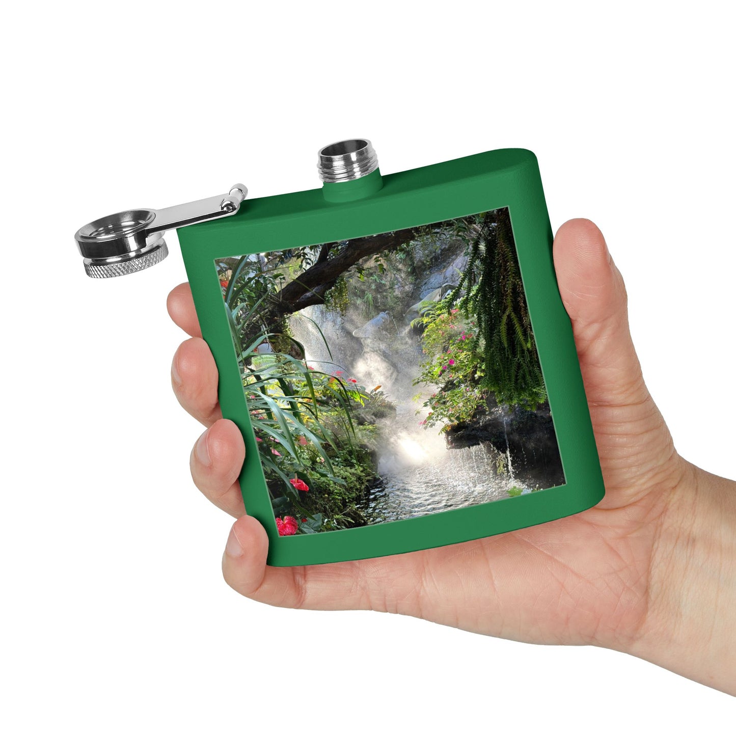 Tropical Stainless Steel 6 oz. Flask, Many Colors  – Misty Rainforest River