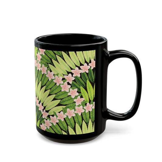 Black Mug (11oz, 15oz), Plumeria and Palms, Lime