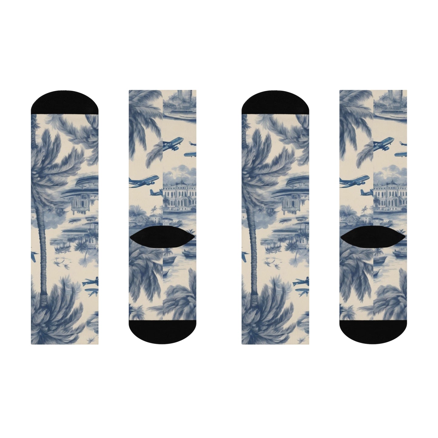 Cushioned Crew Socks - Tropical Toile, Dark Blue