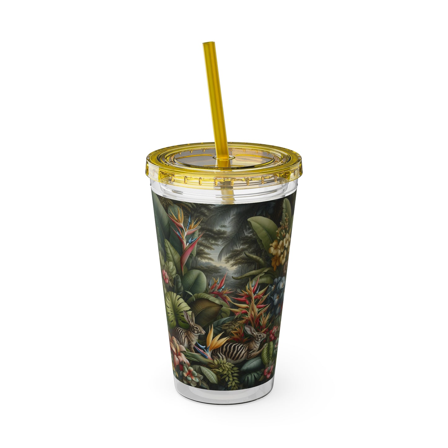 Tropical Tumbler with Straw | 16oz Colorful Travel Cup / Rainforest Rabbit Outing