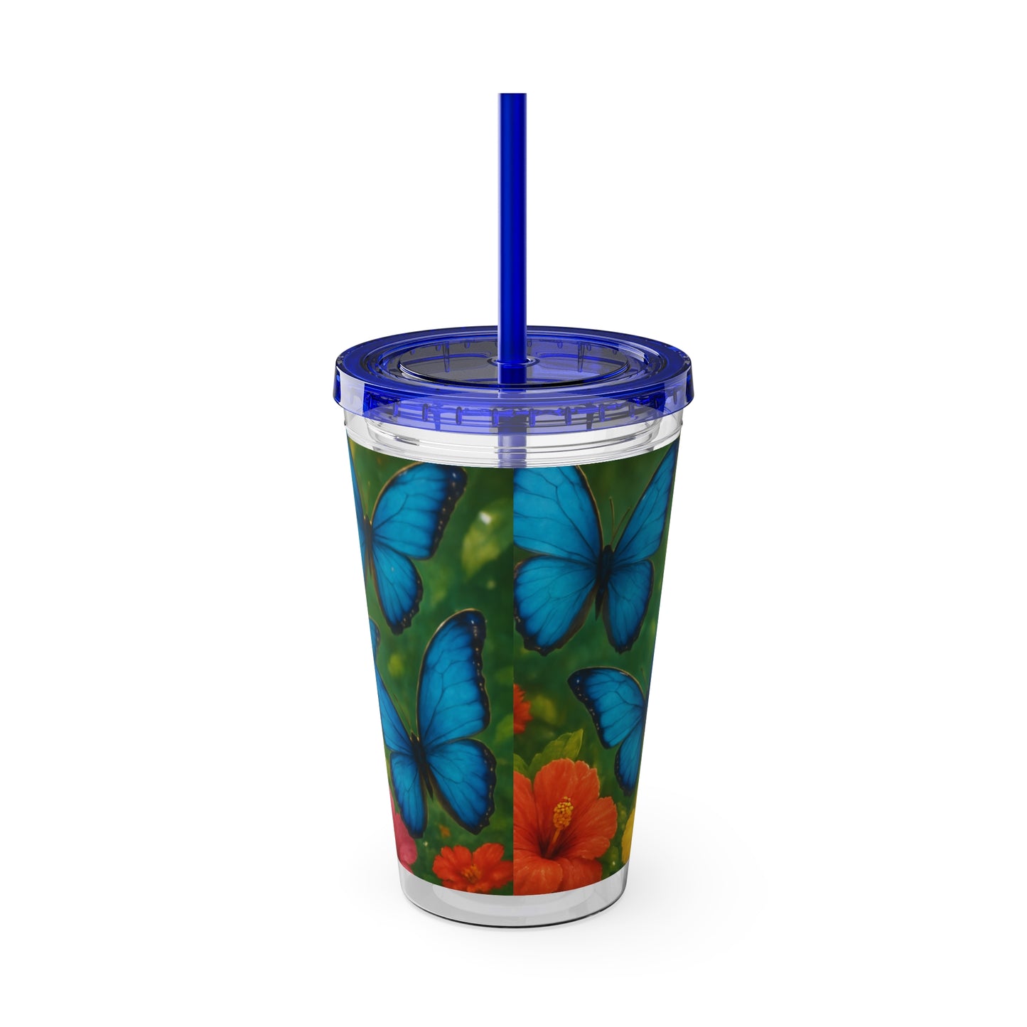 Tropical Tumbler with Straw | 16oz Colorful Travel Cup / Morpho Butterflies Flight