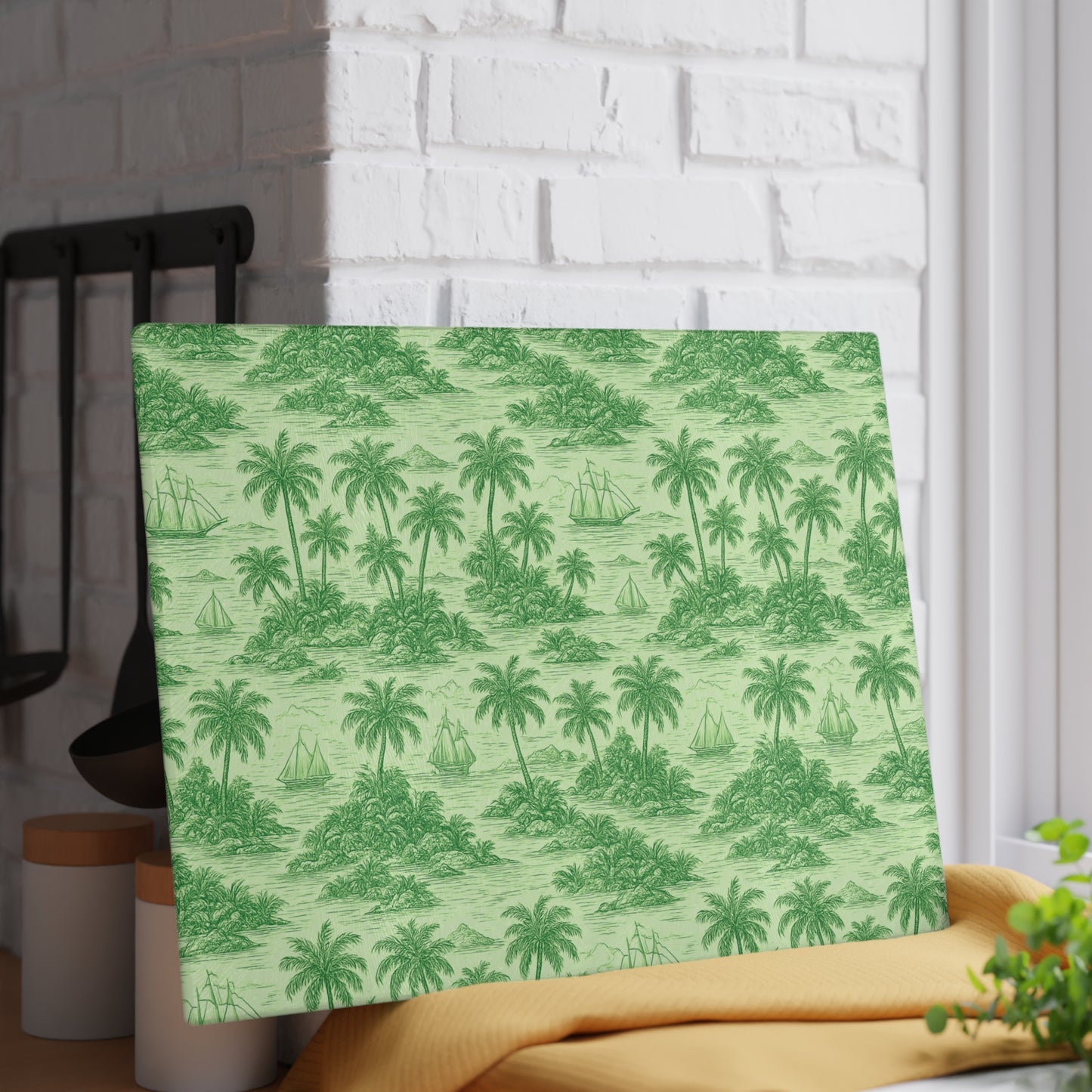 Glass Cutting Board, 2 sizes - Faraway Toile/Green