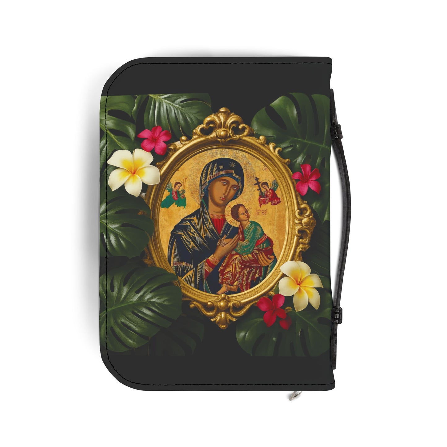 Tropical Bible Cover, Our Lady of Perpetual Help Black / Floral Bible Protector, Church Accessories