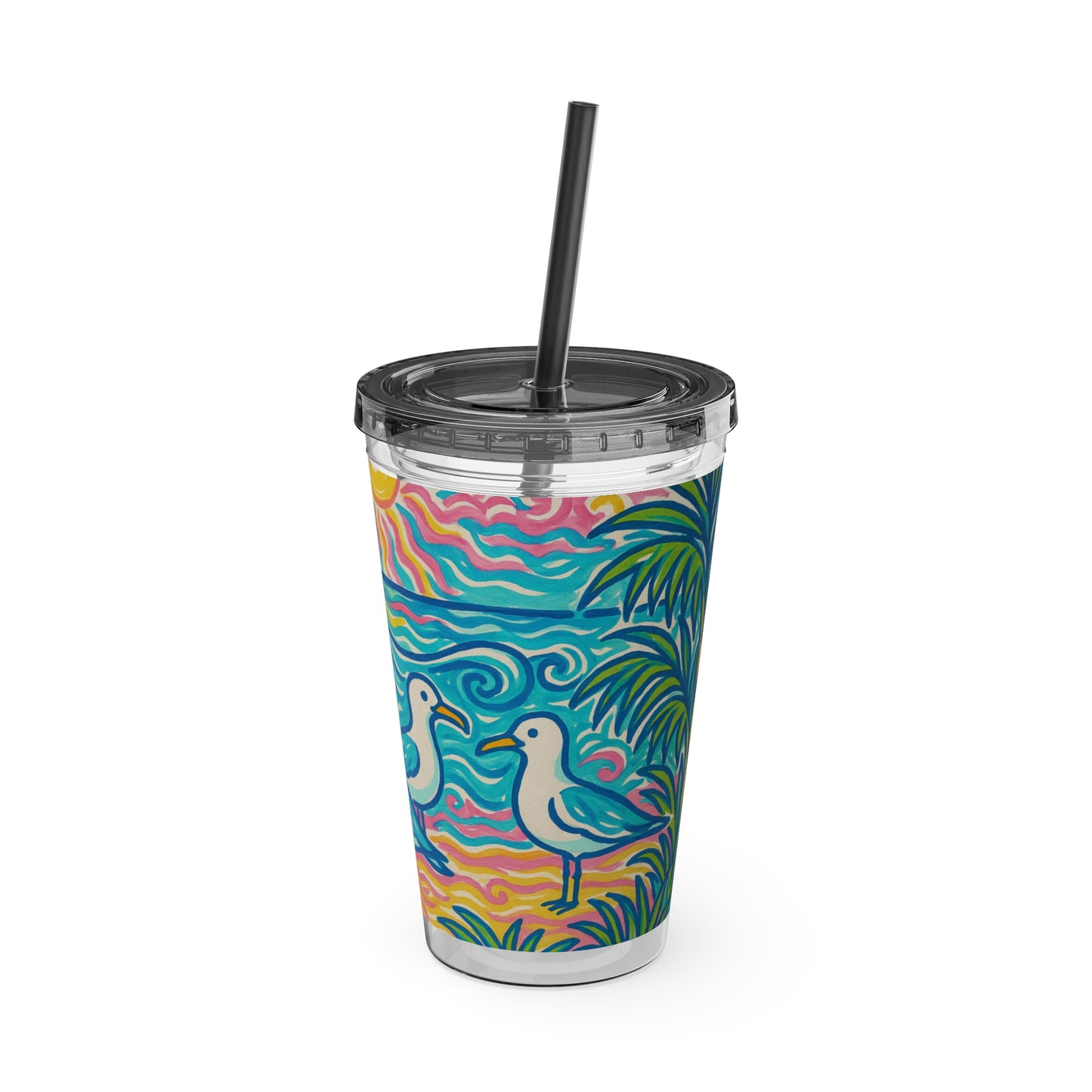 Tropical Tumbler with Straw | 16oz Colorful Travel Cup / Tropical Beach Seagulls