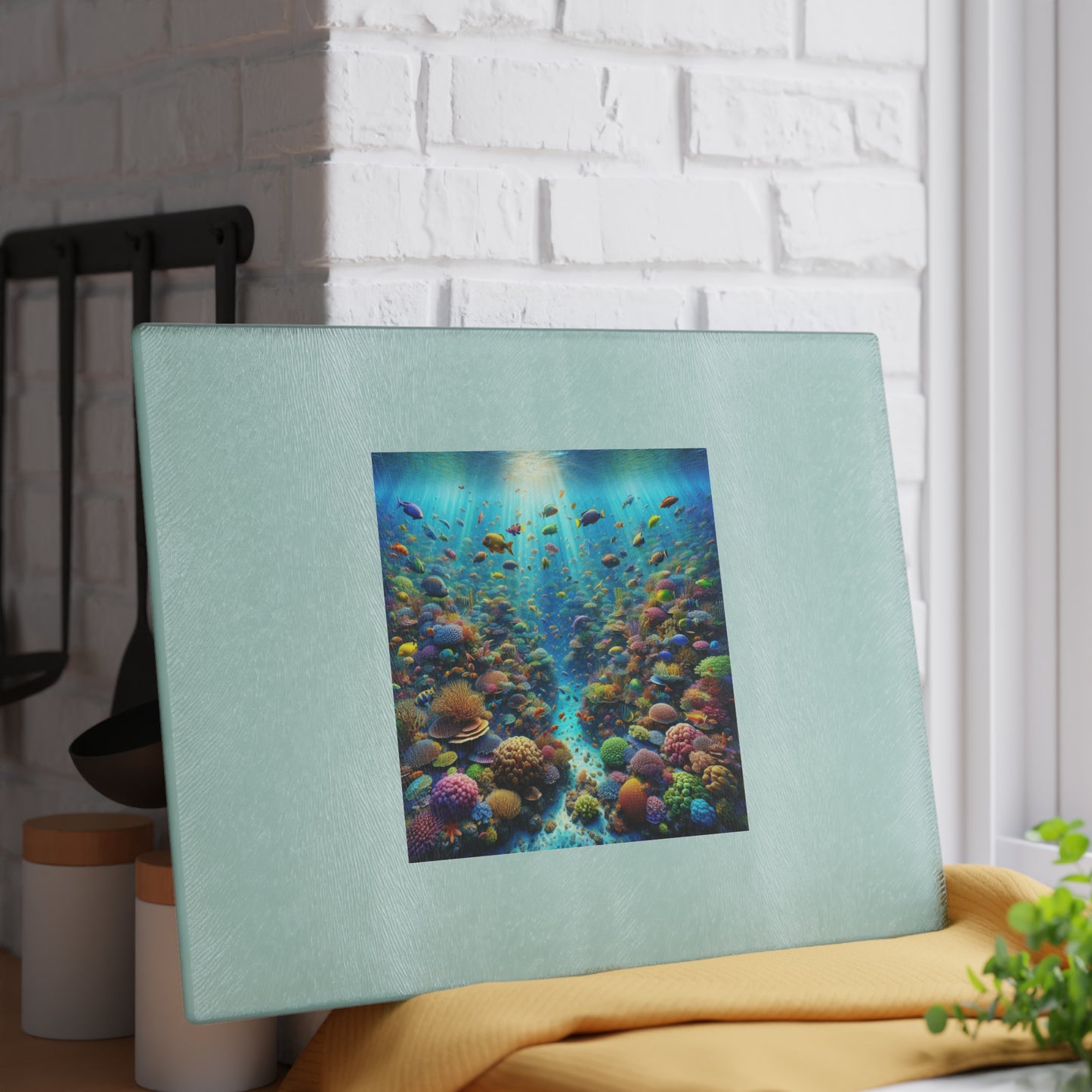 Glass Cutting Board, 2 sizes - Busy Coral Reef/White