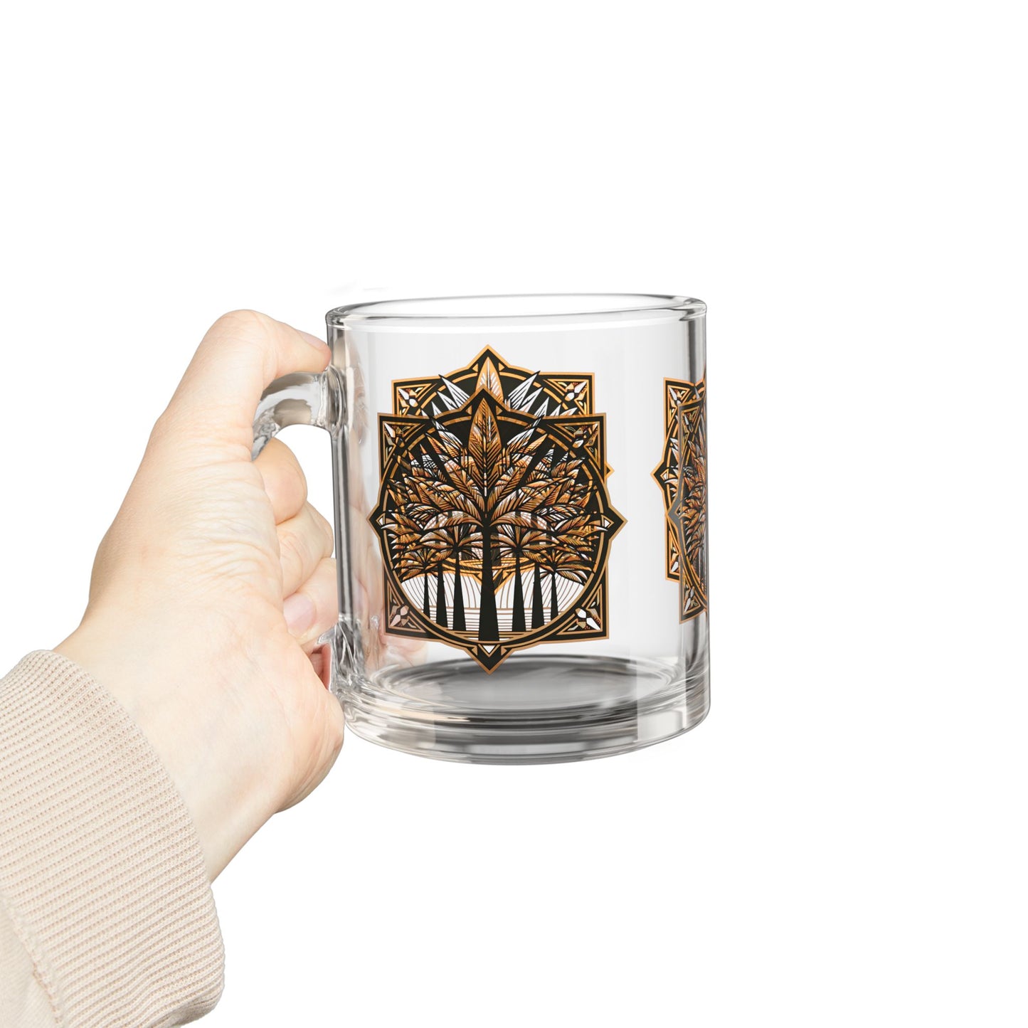 Tropical Glass Mug - 10oz Coffee Cup / Deco Palms, Cinnamon