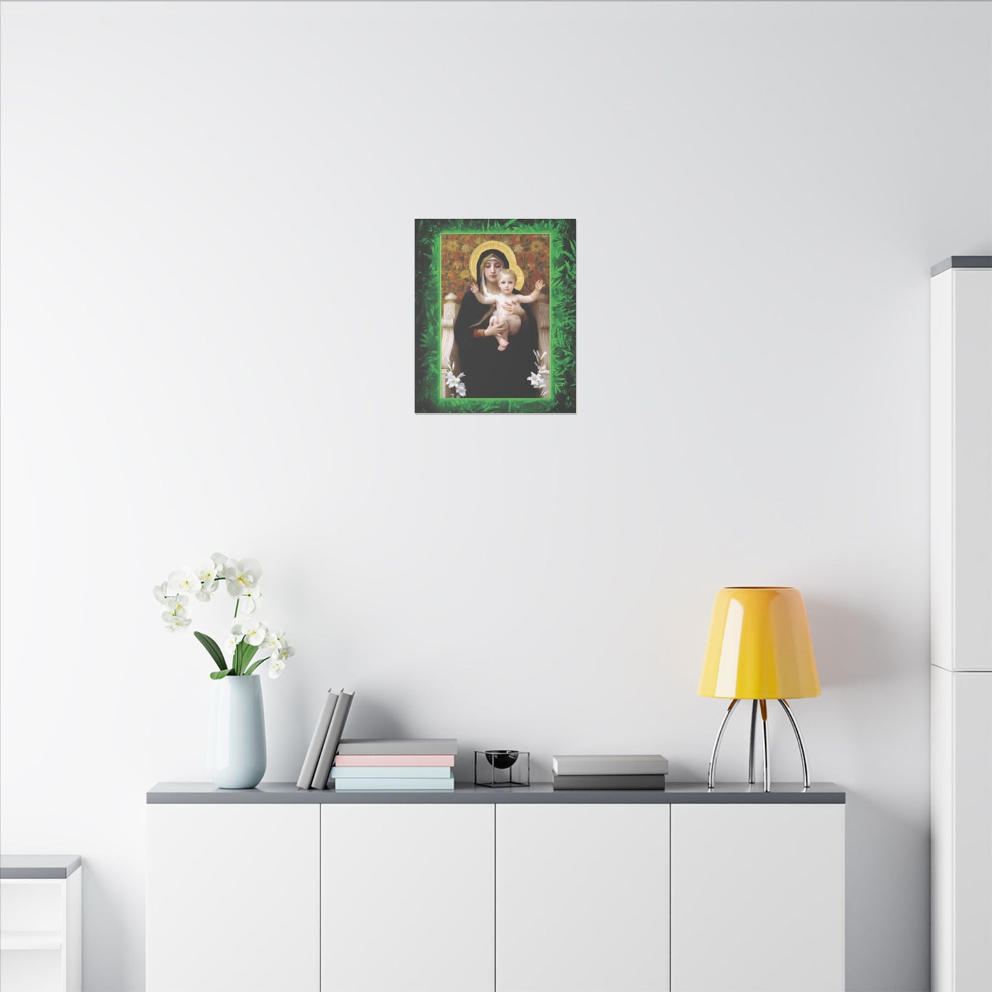 "Tropical Rainforest Madonna of Lilies" Religious Canvas Artwork - Stretched Canvas Print / Virgin Mary & Jesus