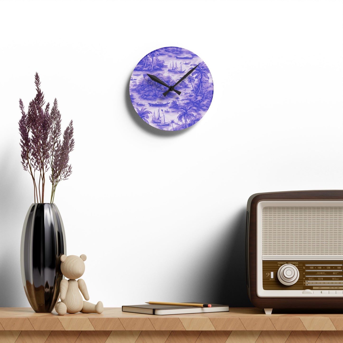 Acrylic Wall Clock, Tropical Toile #1/Purple, 4 Variants