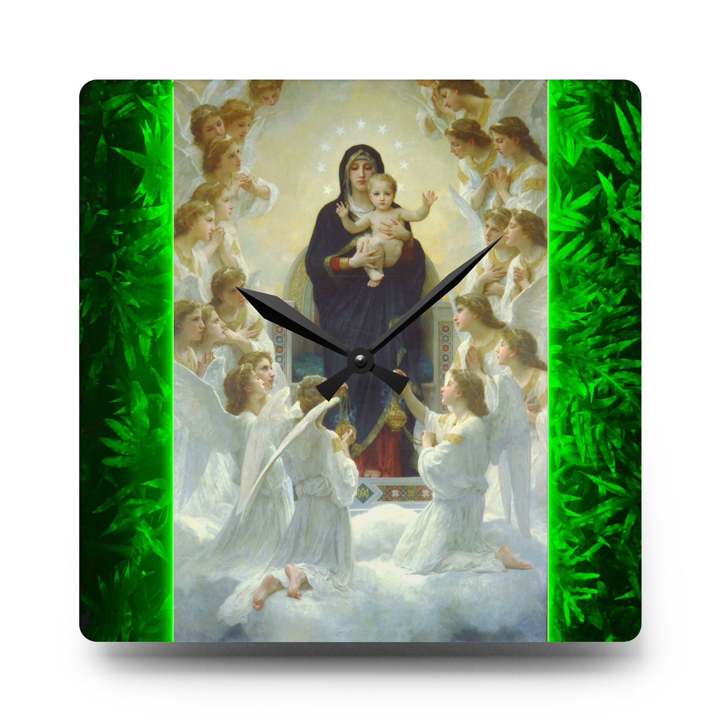 "Tropical Glow Our Lady Mary With Angels" Acrylic Wall Clock - Elegant Religious Decor for Home and Office