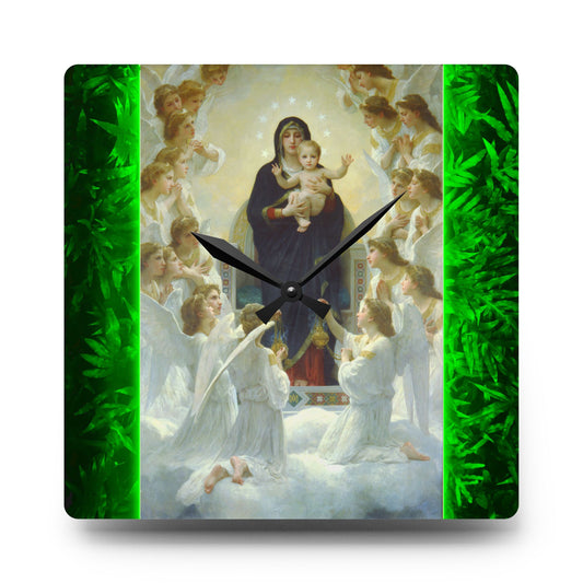 "Tropical Glow Our Lady Mary With Angels" Acrylic Wall Clock - Elegant Religious Decor for Home and Office