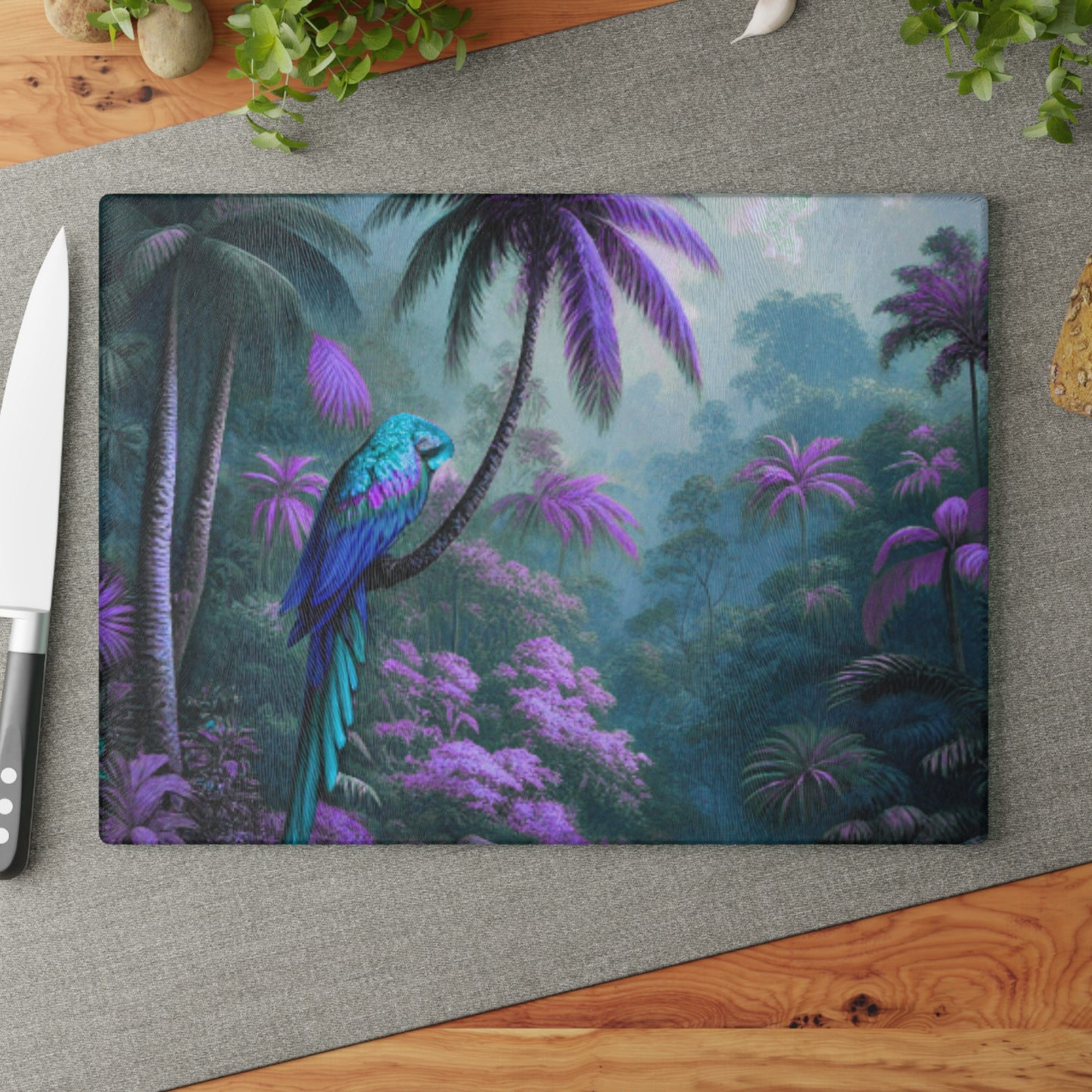 Glass Cutting Board, 2 sizes - Sleeping Beauty Parrot/Fantasy
