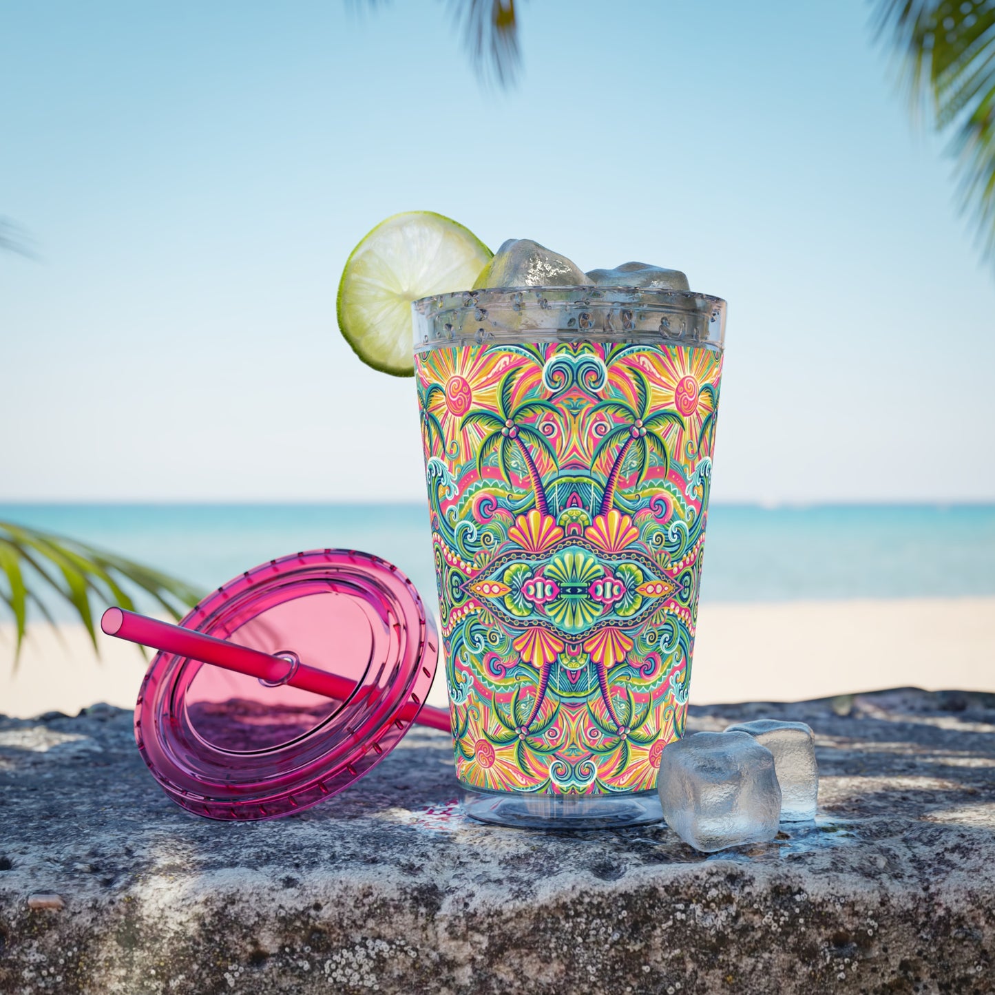 Tropical Tumbler with Straw | 16oz Colorful Travel Cup / Kaleido Bay