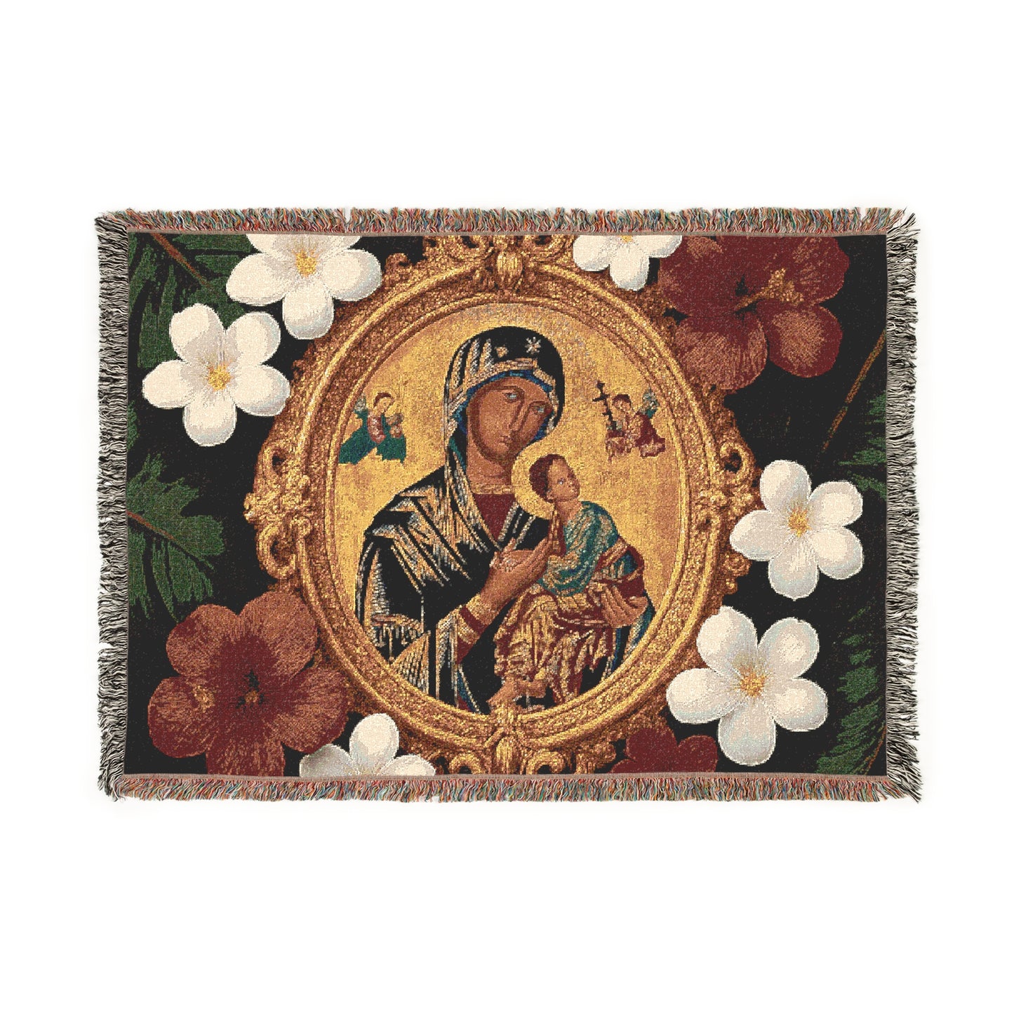 Religious Woven Blanket - 52" x 37" - Our Lady of Perpetual Help/Red Floral