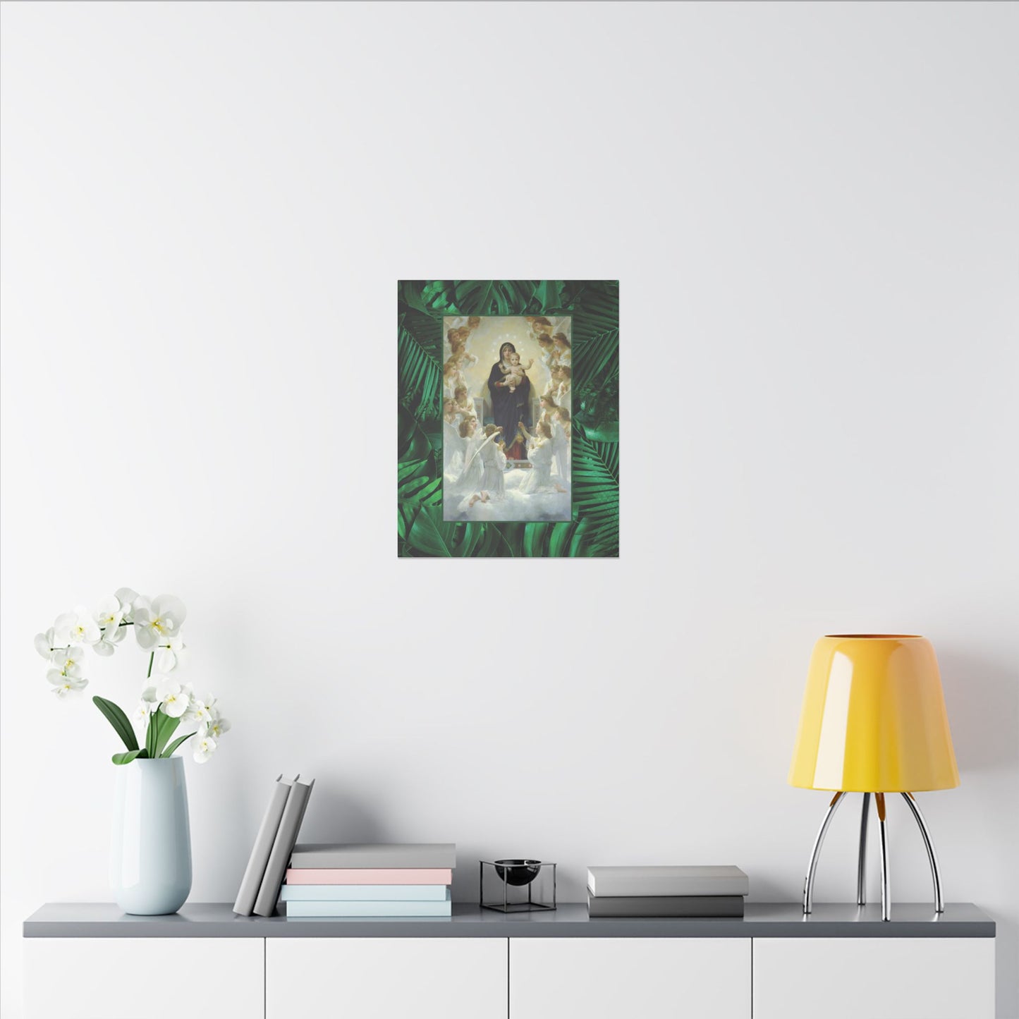 "Tropical Rainforest Our Lady With Angels" Religious Canvas Artwork - Stretched Canvas Print / Virgin Mary & Jesus