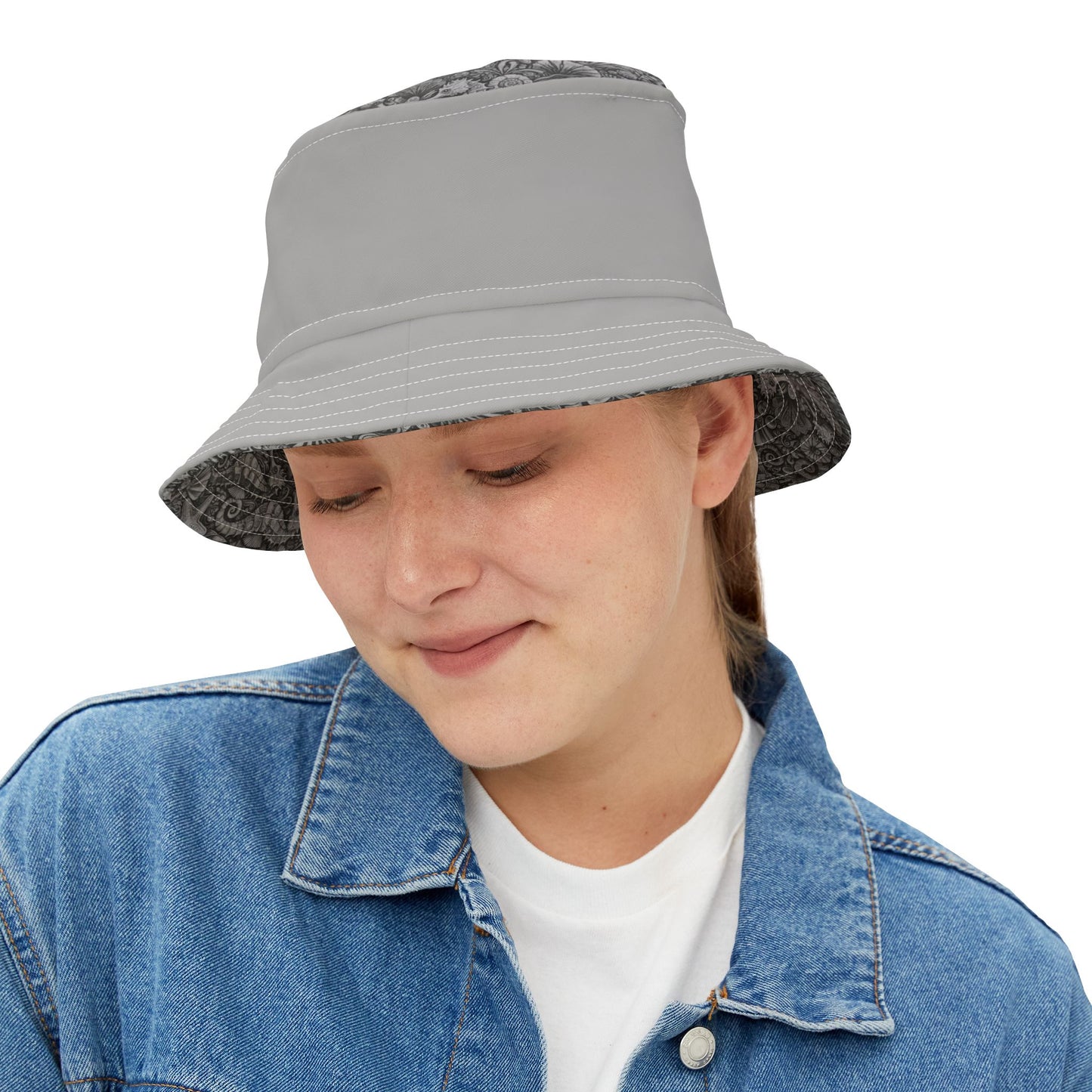 Tropical Polyester Bucket Hat, 2 Sizes - Seashorses Noir/Lt. Grey