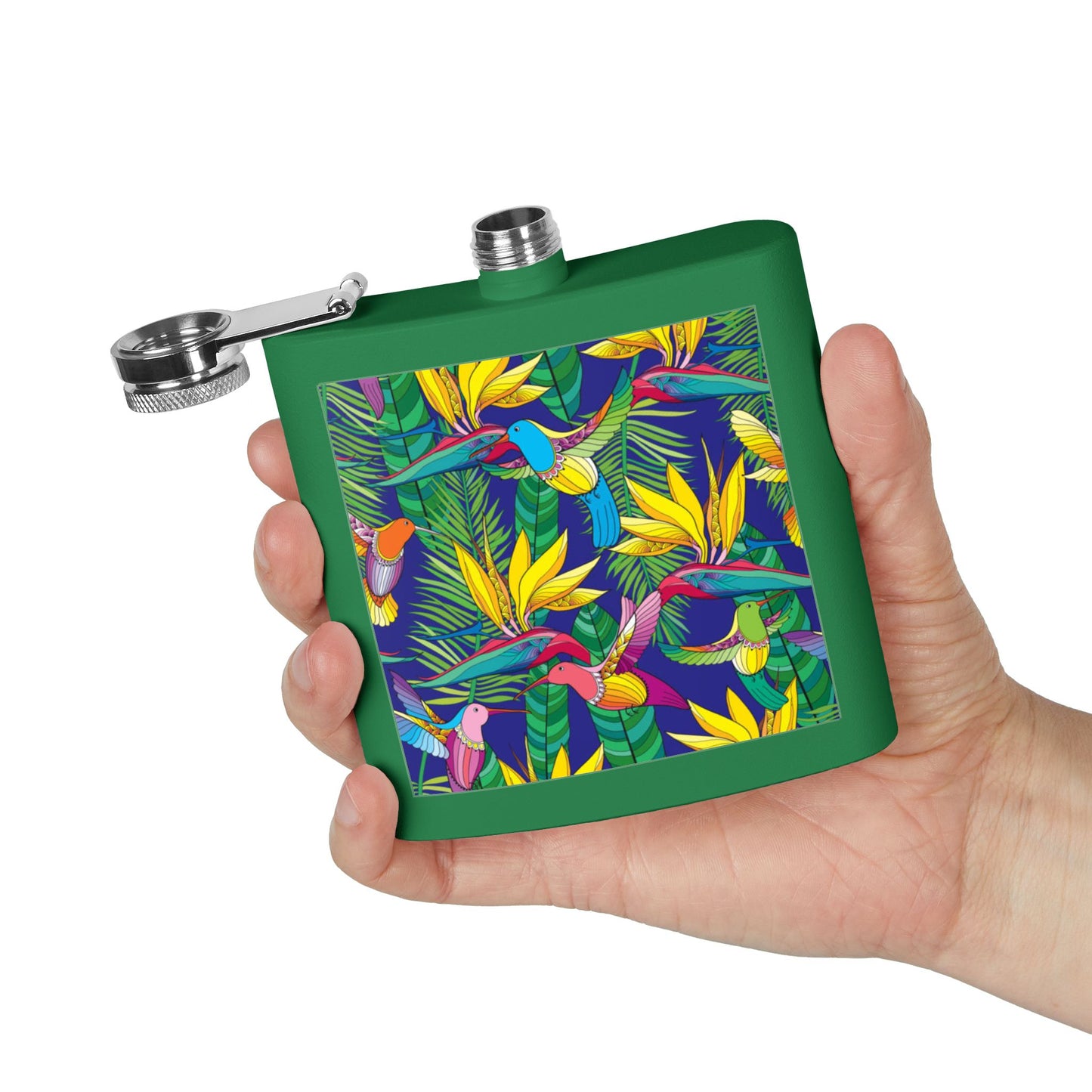 Tropical Stainless Steel 6 oz. Flask, Many Colors  – Bird of Paradise Toile