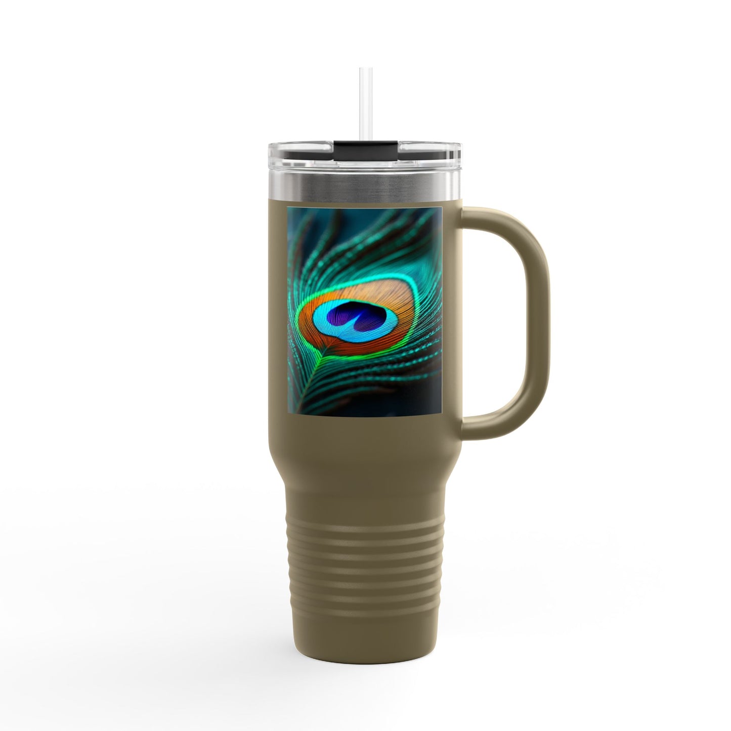 Insulated Travel Mug, 40oz / Peacock Eye Feather, Turquoise- Perfect for Outdoor Adventures