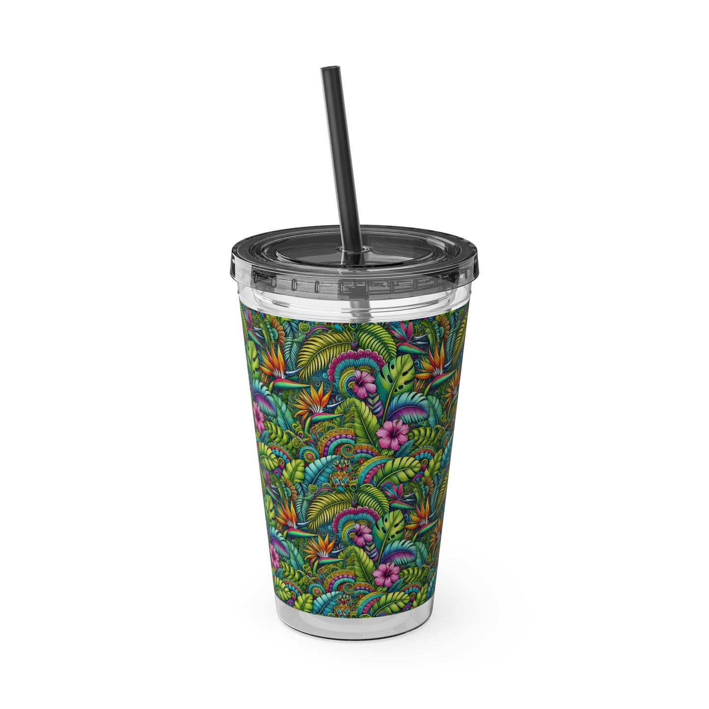 Tropical Tumbler with Straw | 16oz Colorful Travel Cup / Rainforest Blooms