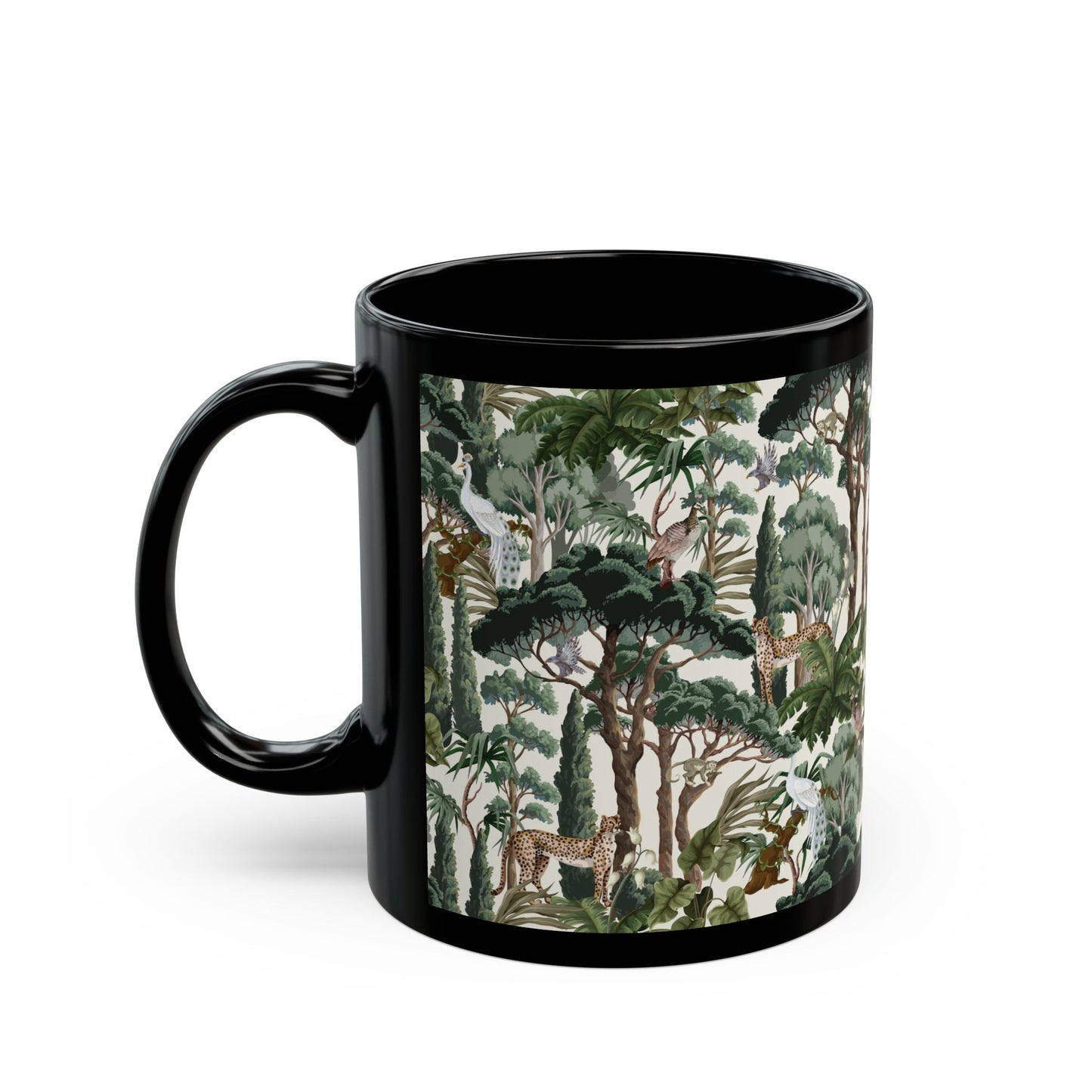 Black Mug (11oz, 15oz), Hiding Peacocks, White