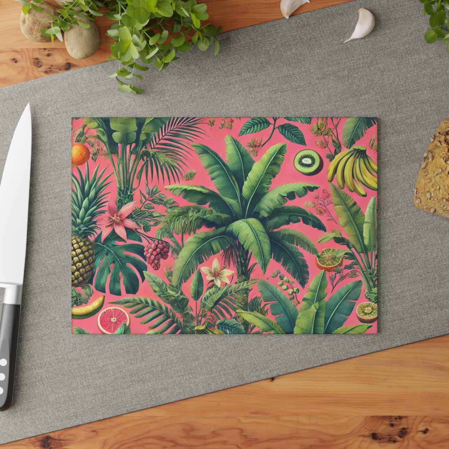 Glass Cutting Board, 2 sizes - Tropical Fruits, Pink