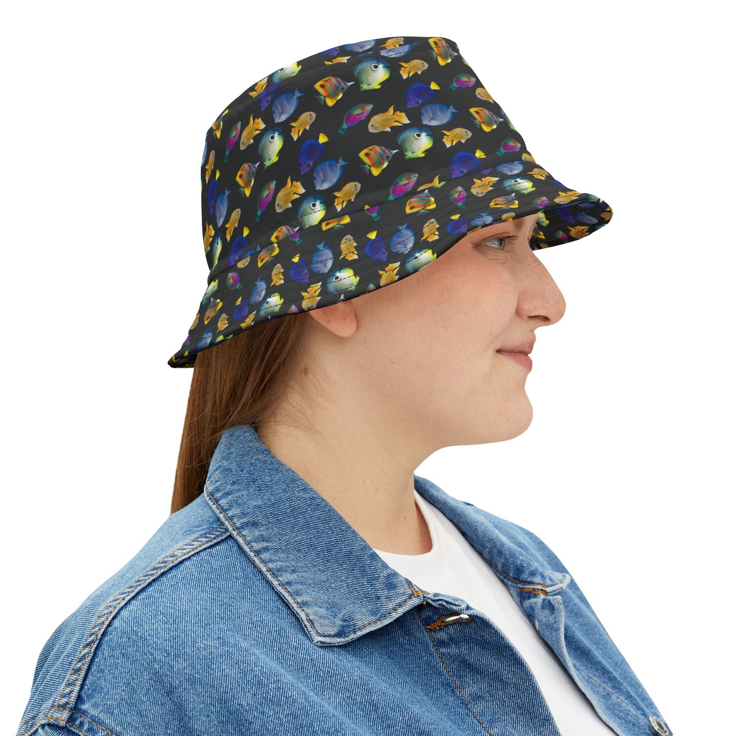 Tropical Polyester Bucket Hat, 2 Sizes - School of Fish / Black