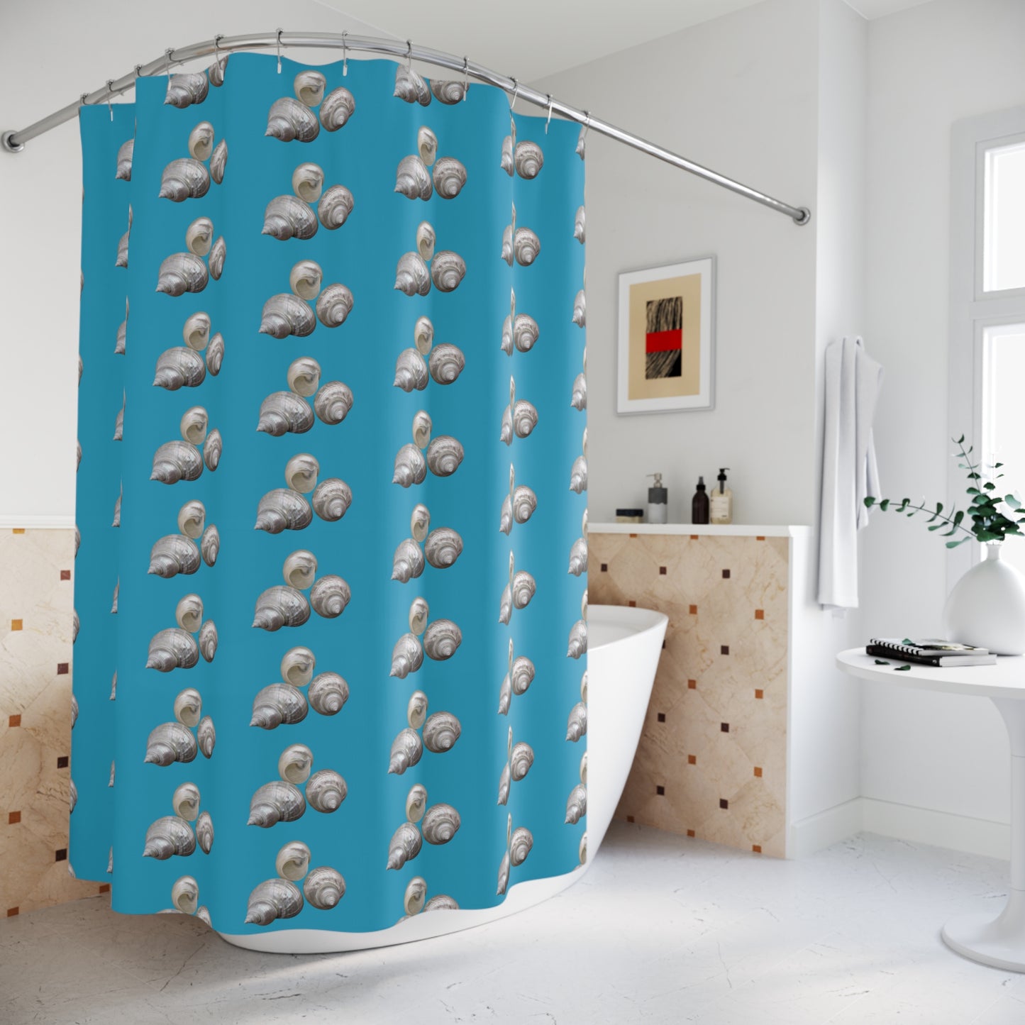 Tropical Shower Curtain - Ocean Bathroom Decor / White Nautilus Trio/Turquoise