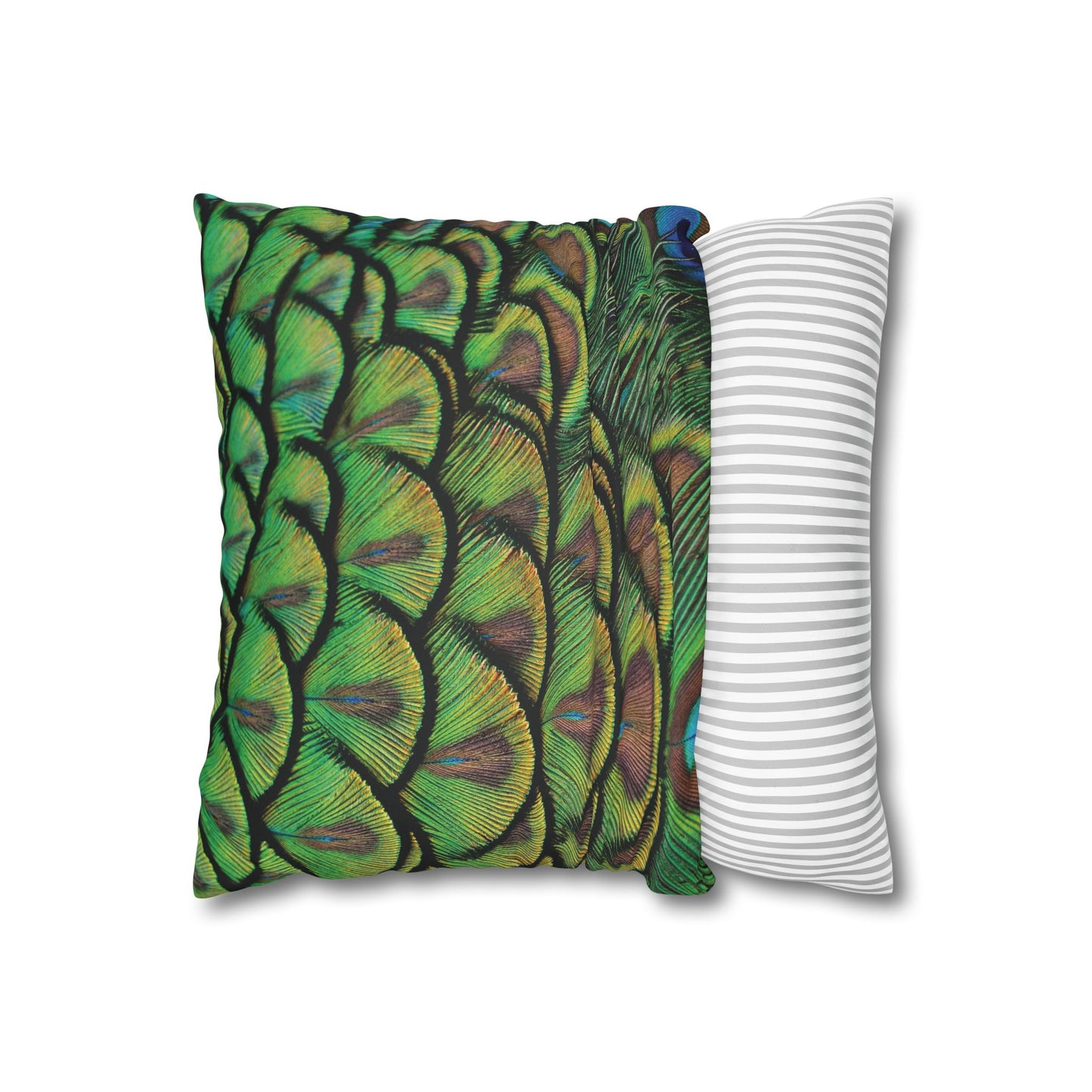 Faux Suede Square Pillowcase - Majestic Green Peacock Feathers