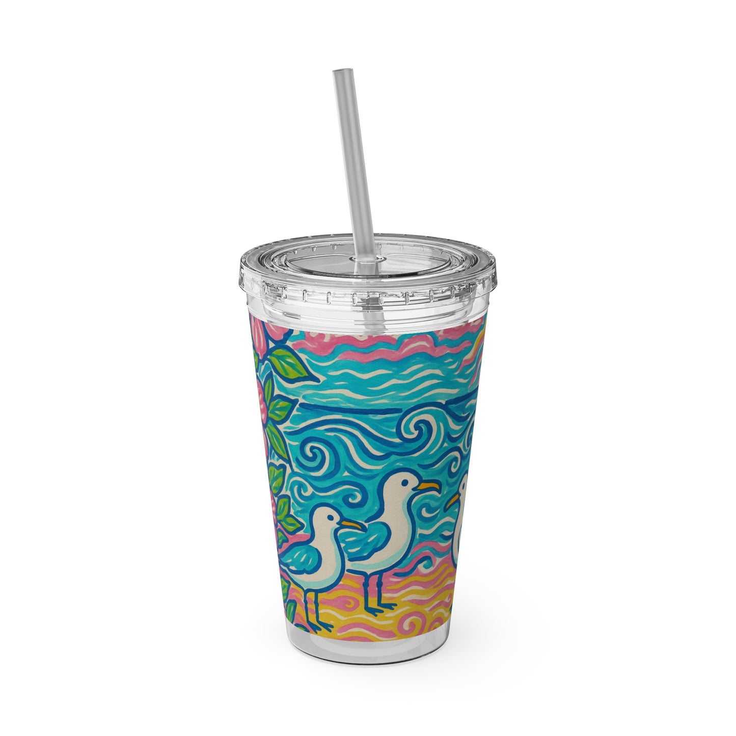 Tropical Tumbler with Straw | 16oz Colorful Travel Cup / Tropical Beach Seagulls