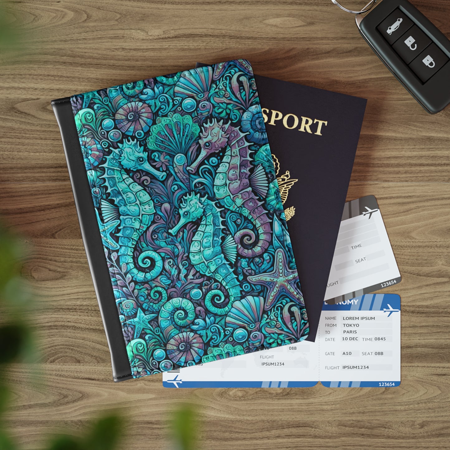 Tropical Passport Cover, Faux Leather - RFID blocking for travel security / Seahorse Trio, Turquoise