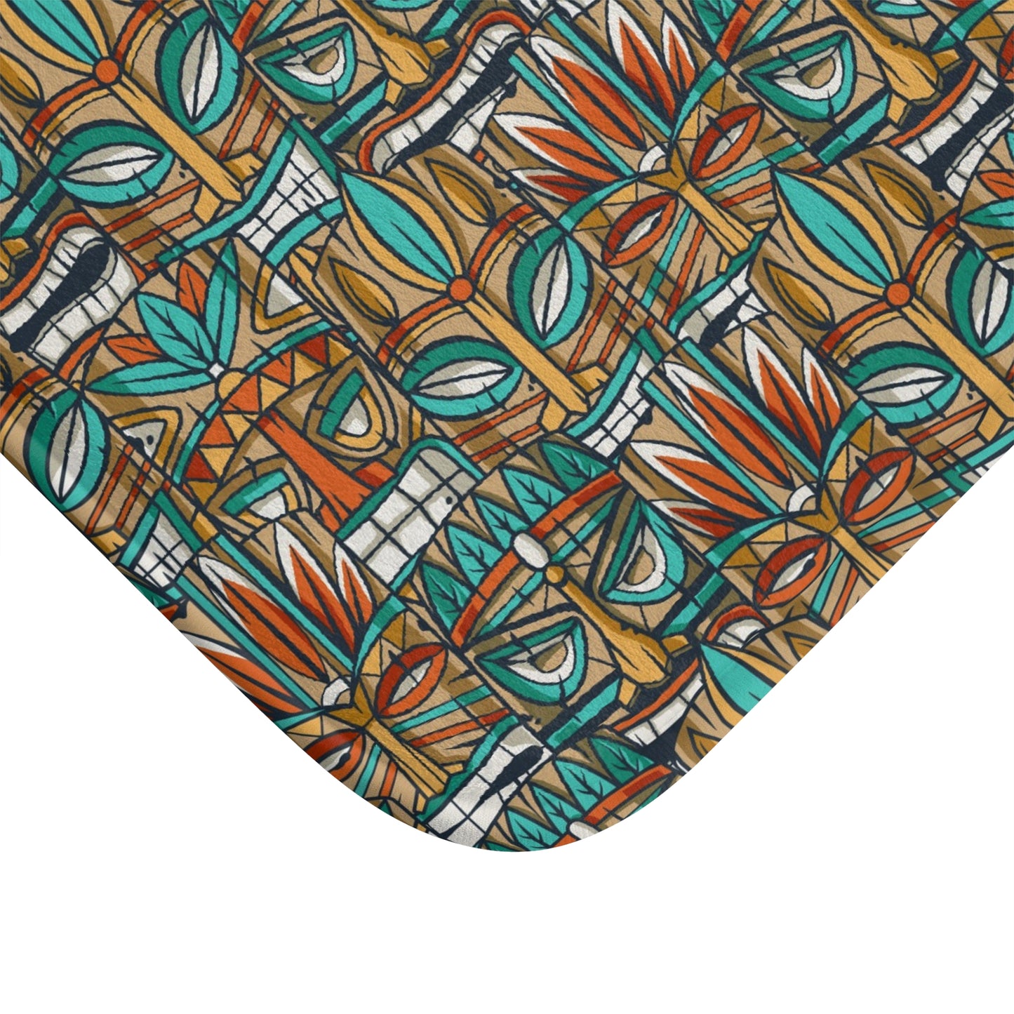 Tropical Print Bath Mat - Vibrant Mask Design for Relaxation & Home Decor / Turquoise Tiki Party