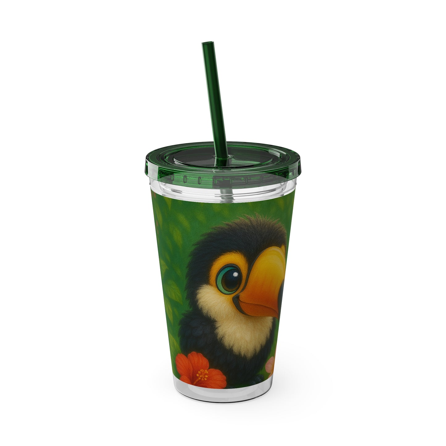 Tropical Tumbler with Straw | 16oz Colorful Travel Cup / Baby Toucans