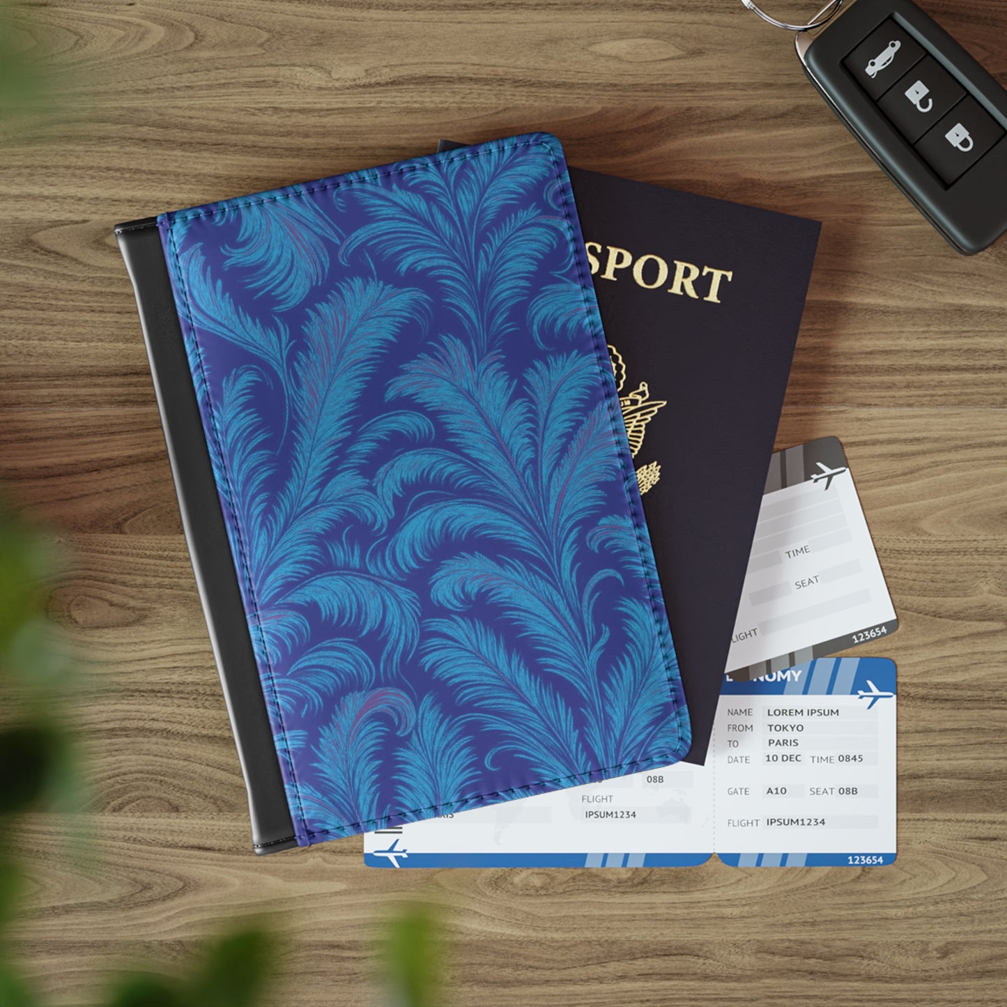 Tropical Passport Cover, Faux Leather - RFID blocking for travel security / Palms Rocco, Blue