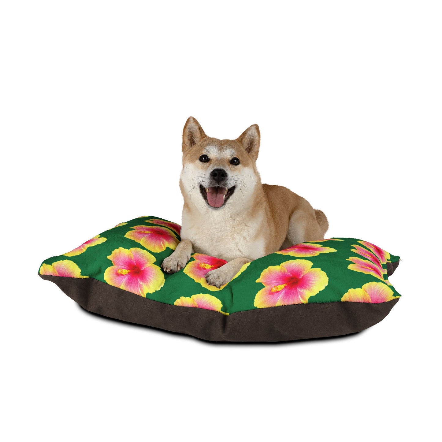 Pet Bed - Cozy and Fun Dog or Cat Bed for Beach Lovers / Real Yellow & Pink Hibiscus/Dark Green
