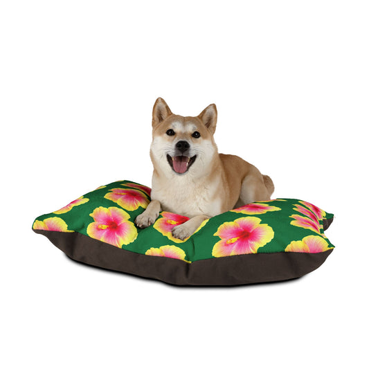 Pet Bed - Cozy and Fun Dog or Cat Bed for Beach Lovers / Real Yellow & Pink Hibiscus/Dark Green