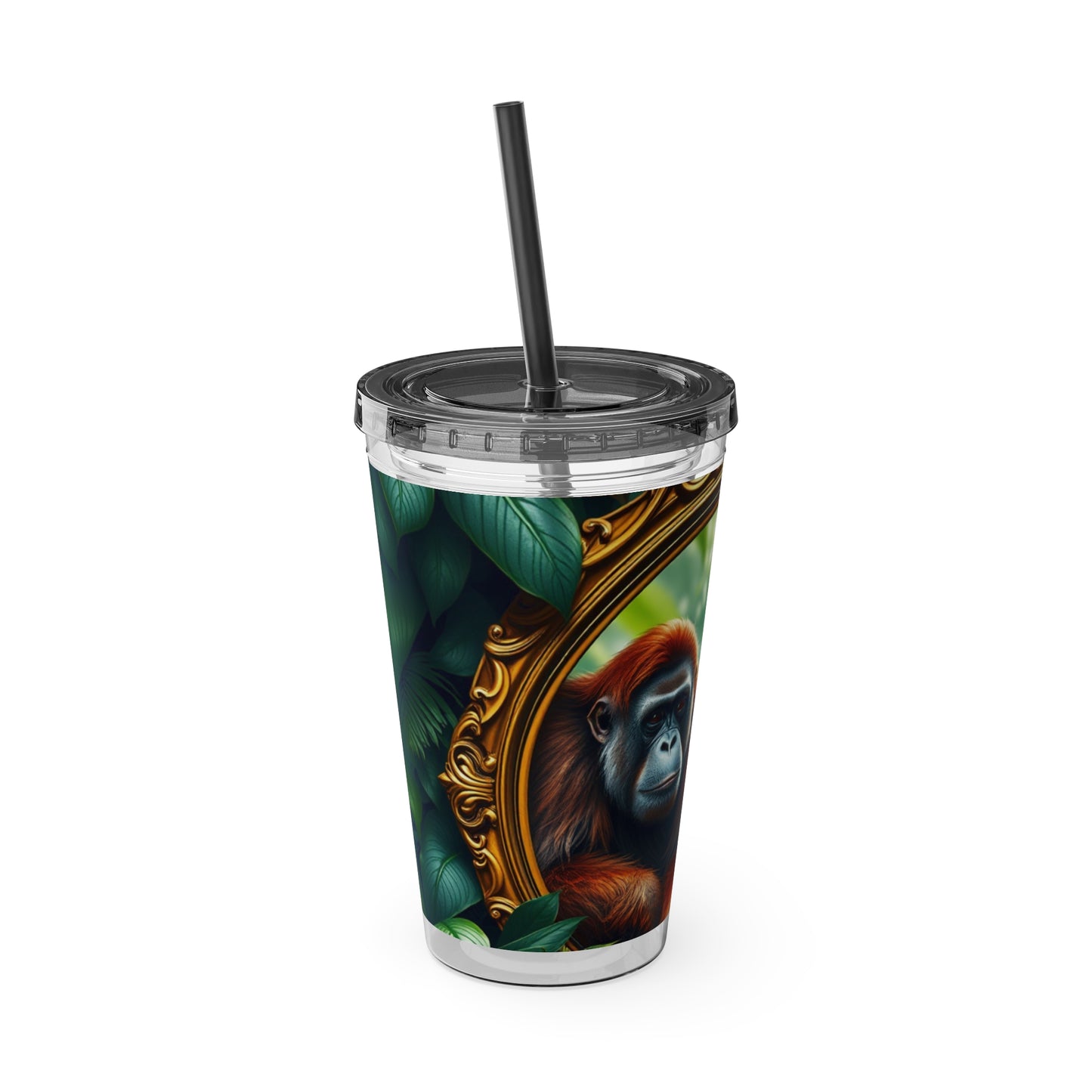 Tropical Tumbler with Straw | 16oz Colorful Travel Cup / Framed Orangutan Apes