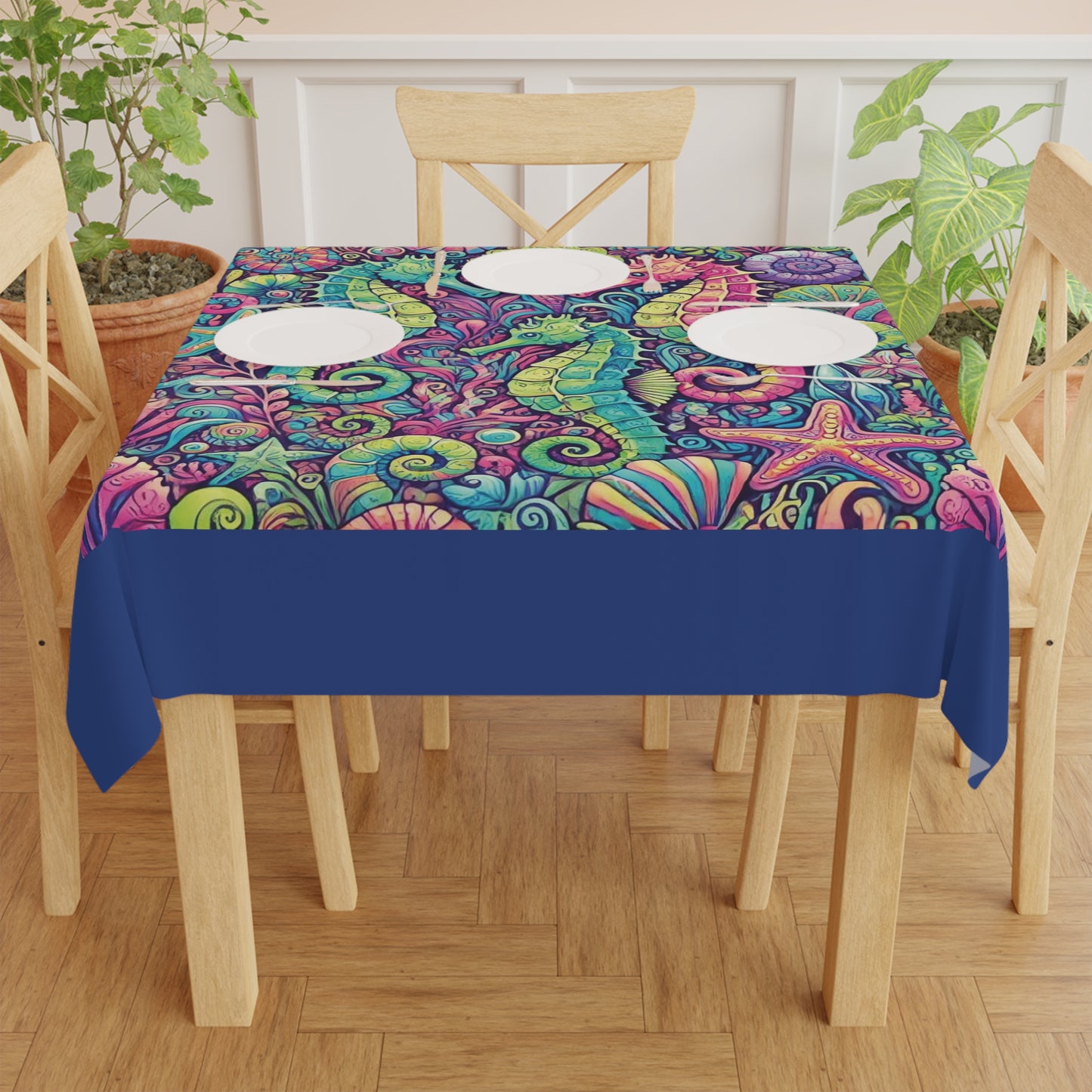 Seahorse Trio/Dark Blue ~ Square Tablecloth, 55" x 55"