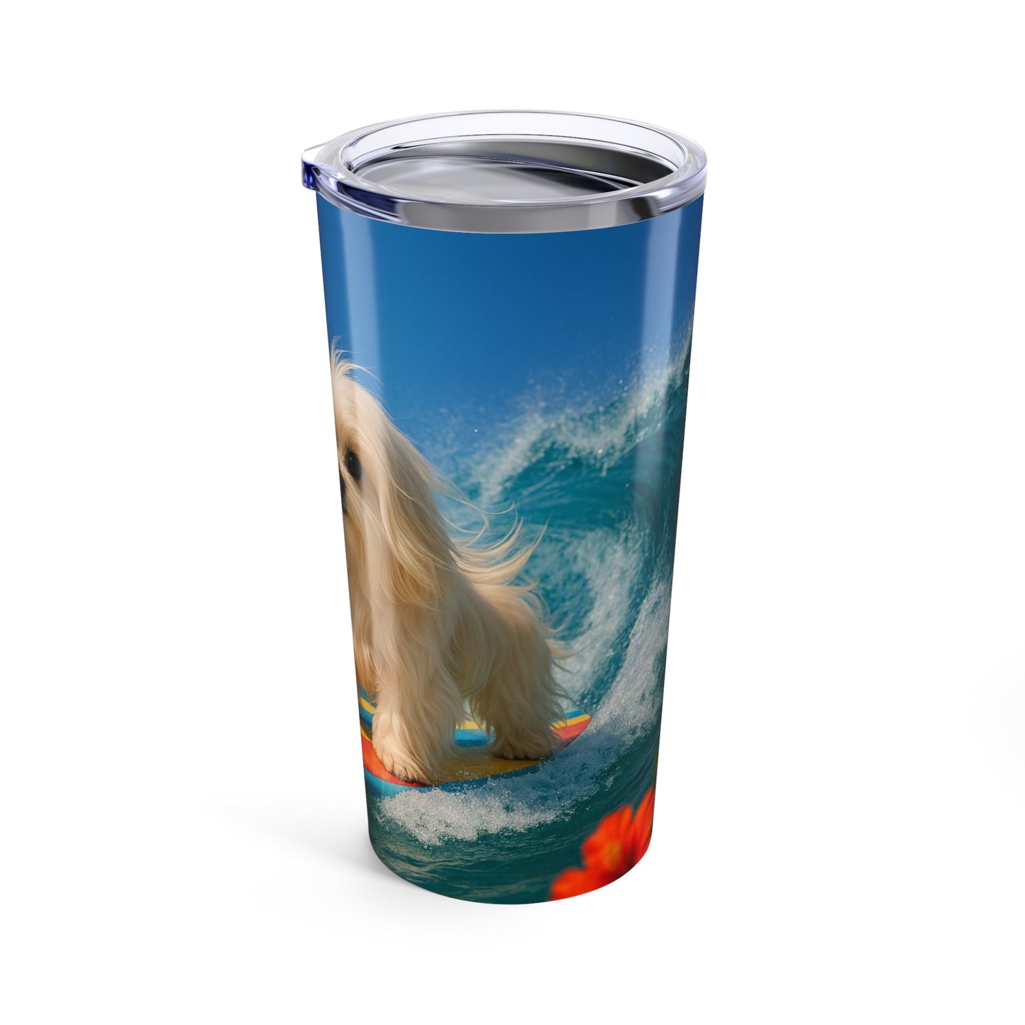20oz Tropical Glossy Tumbler, Stainless Steel / Puppy Ariel the Dog Surfer