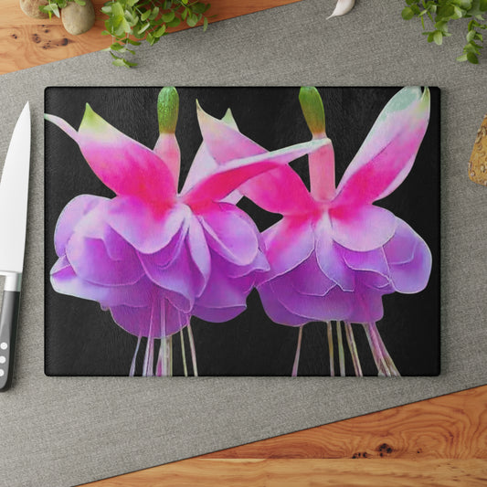 Glass Cutting Board, 2 sizes - Two Fuchsias Black MACRO