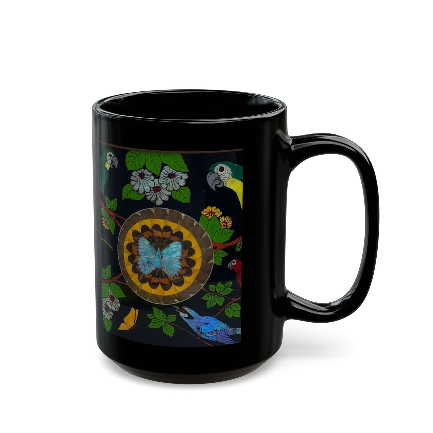 Black Mug (11oz, 15oz), Butterflies & Parrots #1