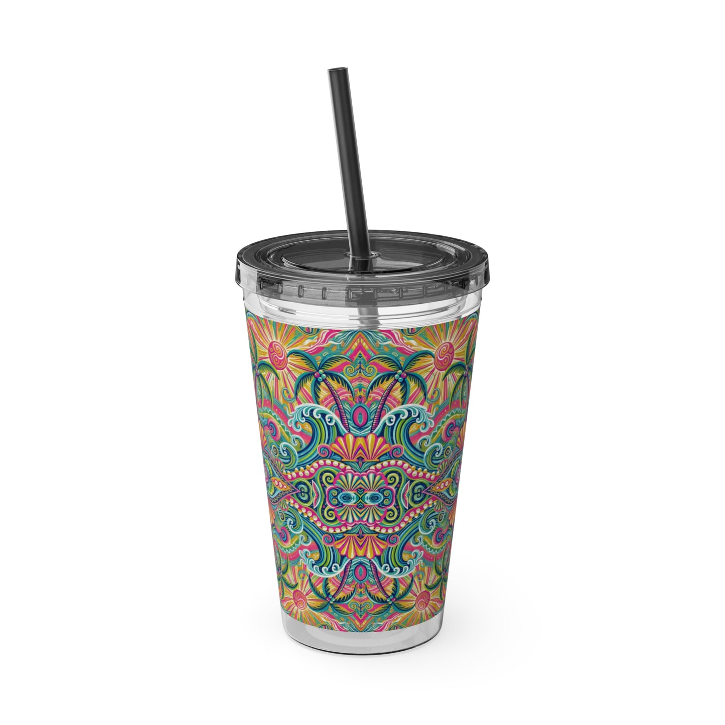 Tropical Tumbler with Straw | 16oz Colorful Travel Cup / Kaleido Bay