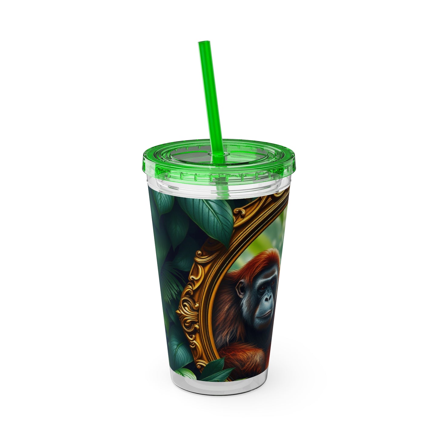 Tropical Tumbler with Straw | 16oz Colorful Travel Cup / Framed Orangutan Apes