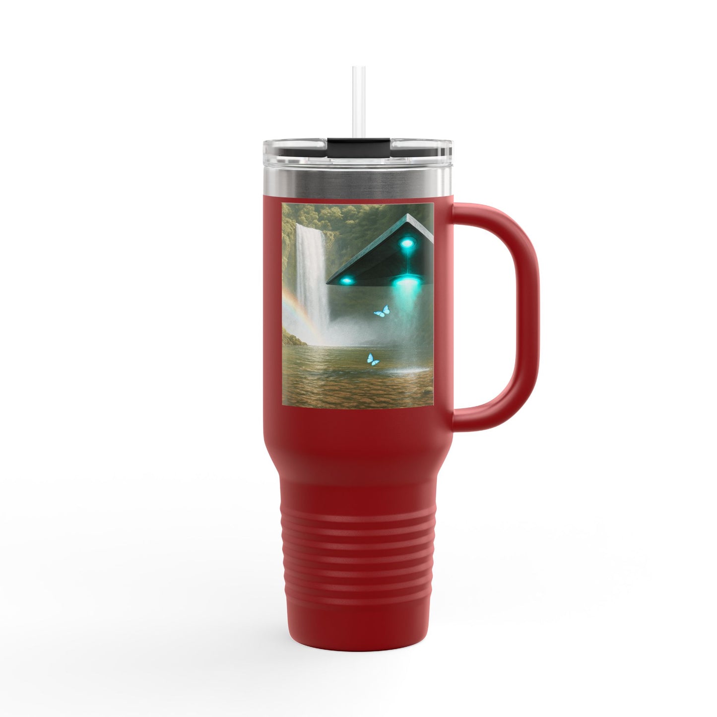 Insulated Travel Mug, 40oz / UFO and Waterfall in Rainforest