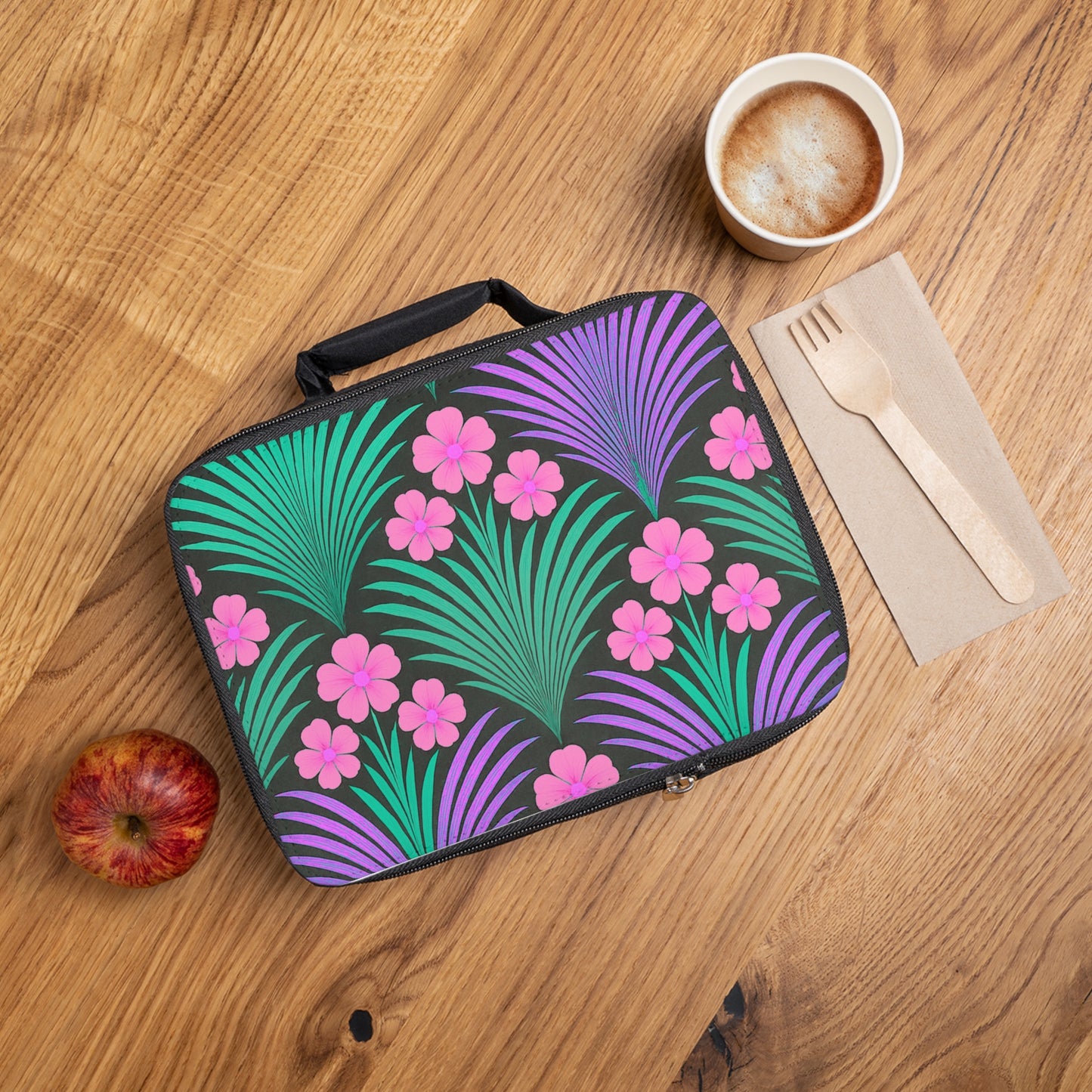 Midnight Hibiscus Deco/Pink Lunch Bag - Eco-Friendly Insulated Tote, Adult and Child Lunchbox / Perfect for Picnics, Beach Outings
